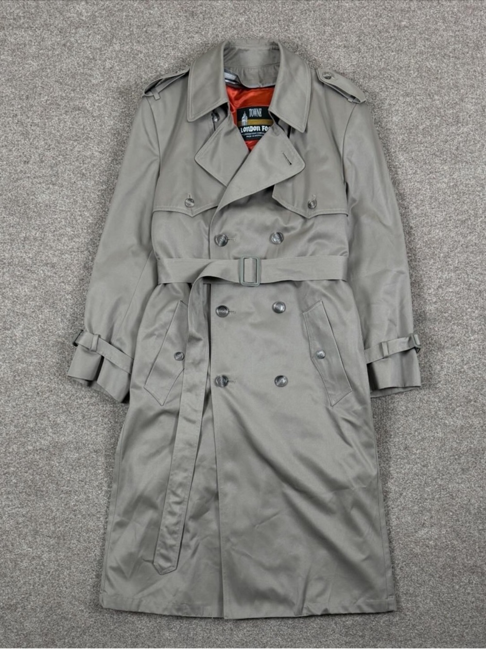 London Fog Grey Long Double Breasted Belted Trench Coat Men’s 38 Removable Liner